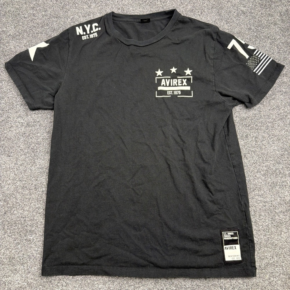 Avirex T Shirt Mens XL Black Graphic NYC Est 1975 Streetwear Flag Sleeve